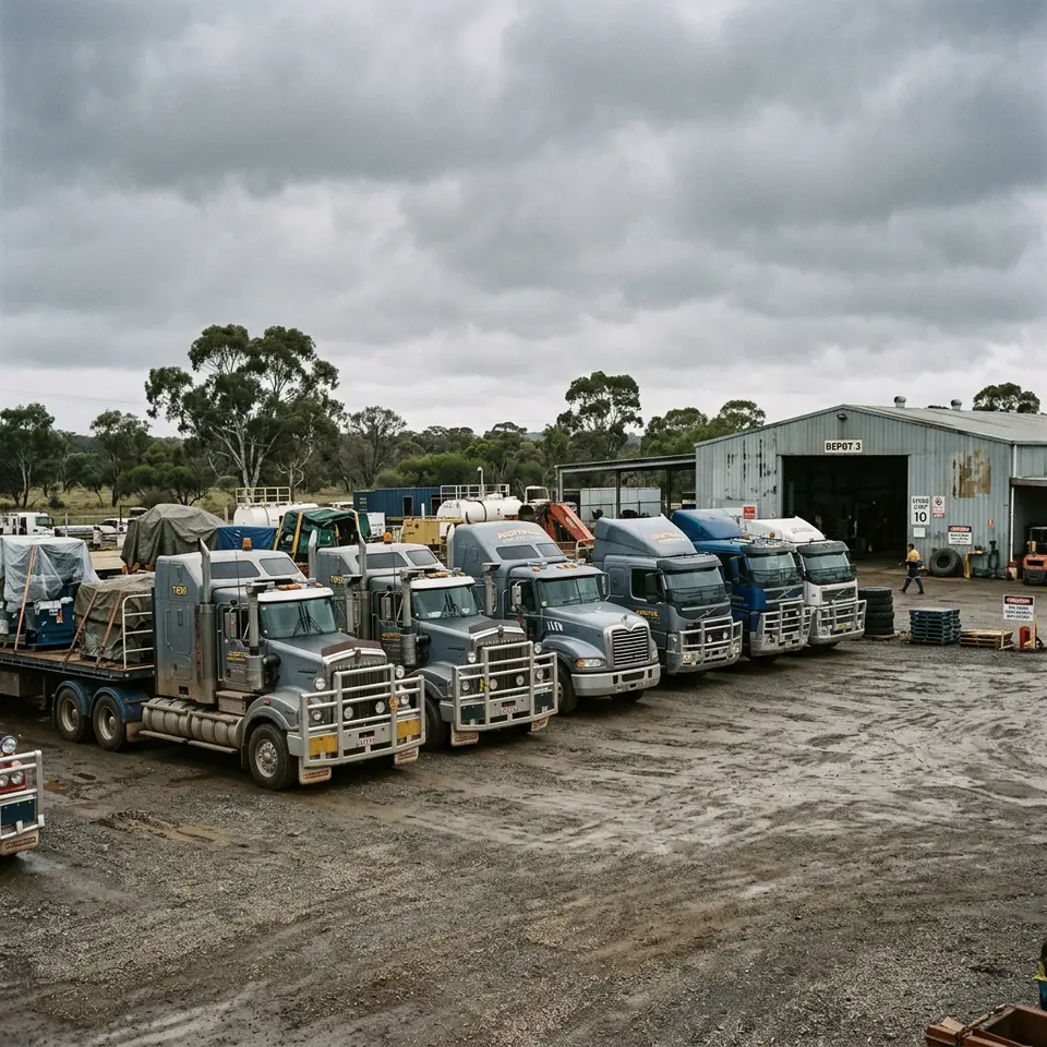 Prime movers and flatbed trailers parked in a row at a depot
