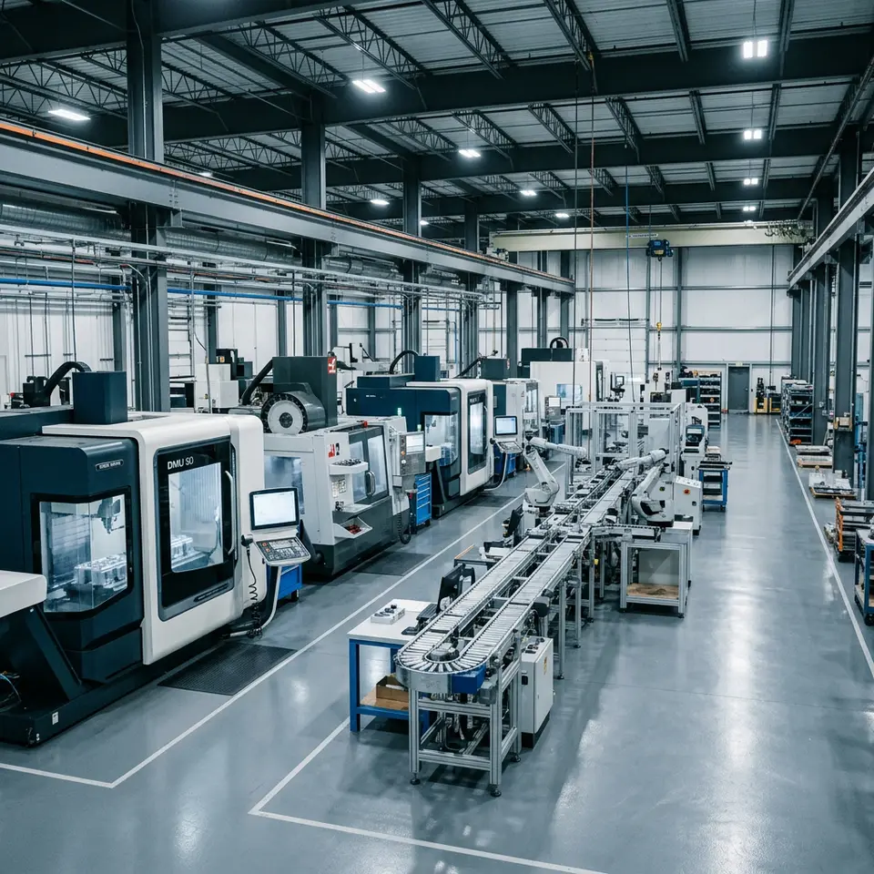 Manufacturing plant interior with machining and processing equipment