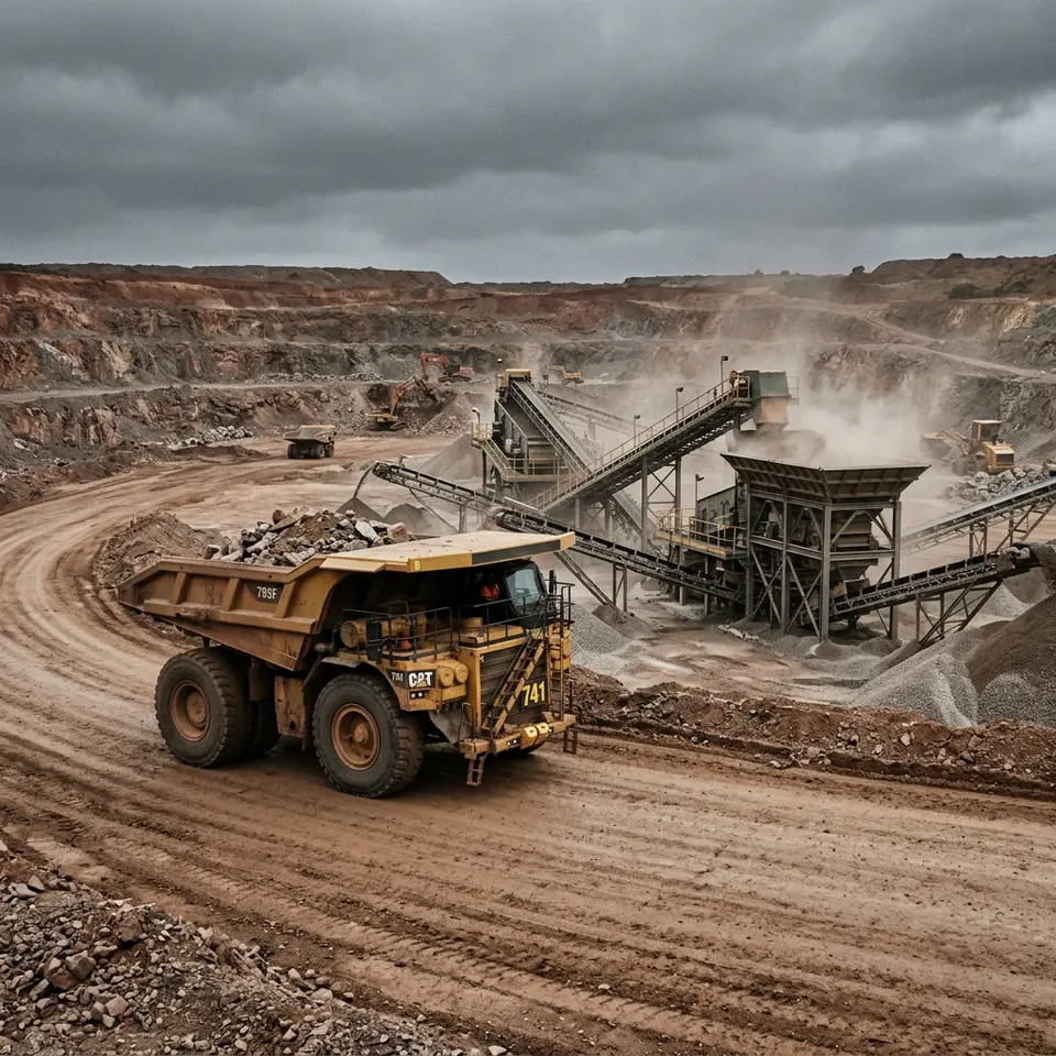 Haul truck and crushing plant at a quarry