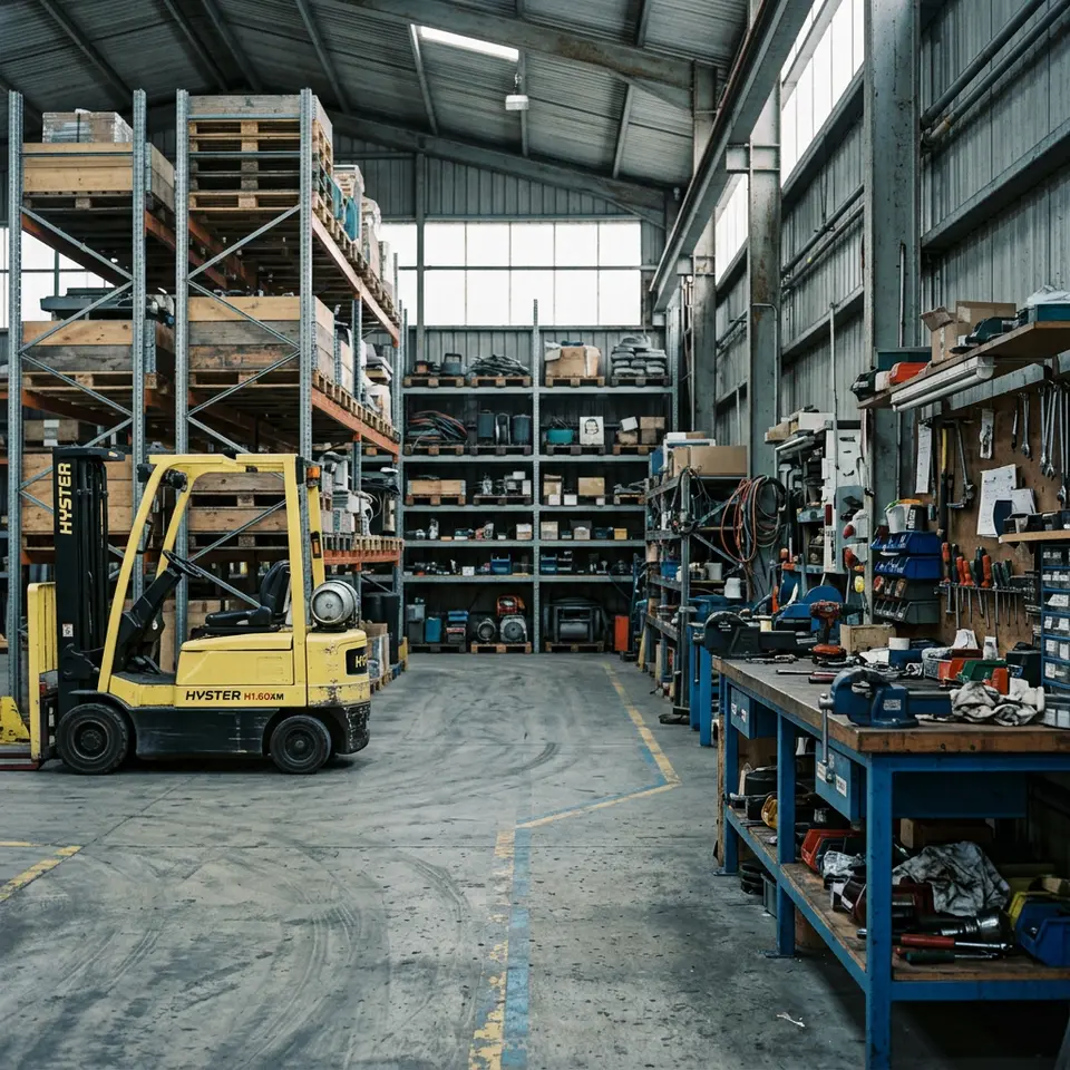 Workshop with forklift, pallet racking and workbench